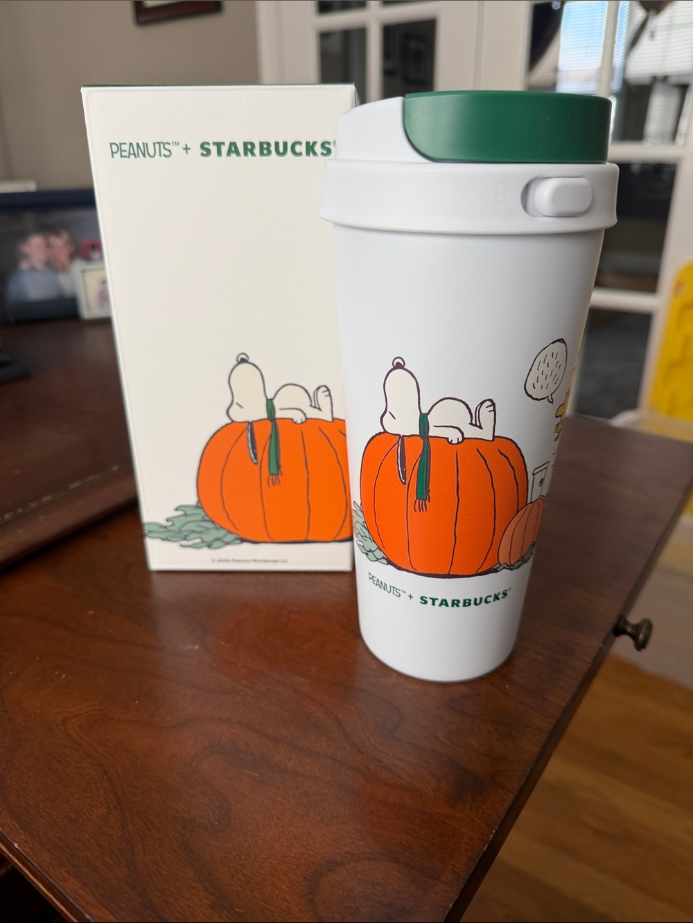 Starbucks White Travel Tumbler with Orange Pumpkin and Green Lid